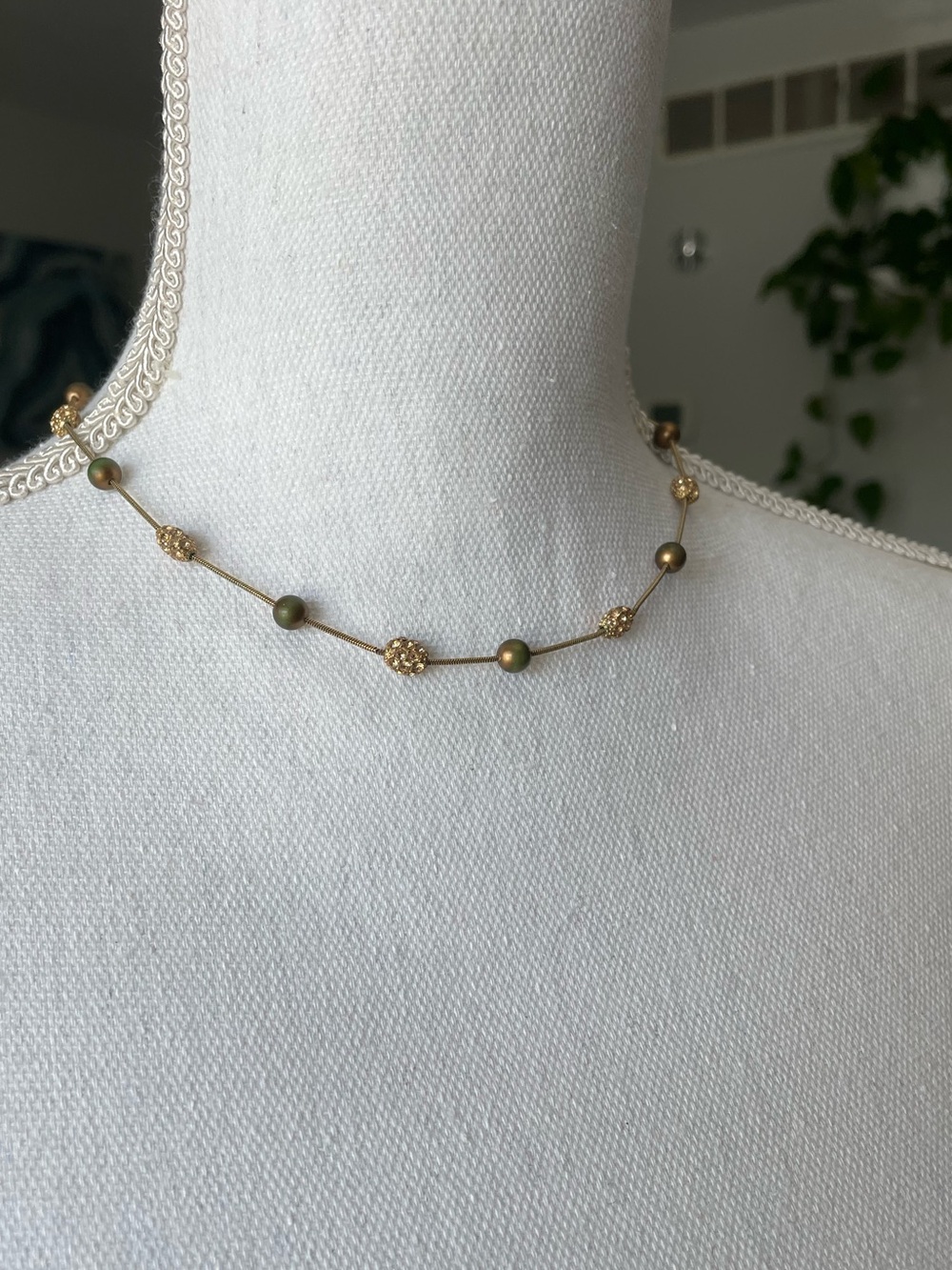 Monet Gold Tone Vintage Necklace w/ Bronze Faux Pearls & Crystal Studded Accents
